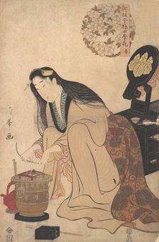Lady Arranging Binsashi (Support for the Hair over the Temples) to put in Her Hair, ca..., ca. 1808. Creator: Torii Kiyomine