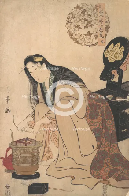 Lady Arranging Binsashi (Support for the Hair over the Temples) to put in Her Hair, ca..., ca. 1808. Creator: Torii Kiyomine.