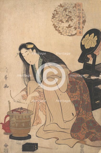 Lady Arranging Binsashi (Support for the Hair over the Temples) to put in Her Hair, ca..., ca. 1808. Creator: Torii Kiyomine.