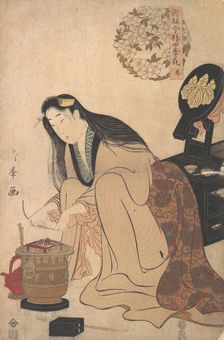 Lady Arranging Binsashi (Support for the Hair over the Temples) to put in Her Hair, ca..., ca. 1808. Creator: Torii Kiyomine