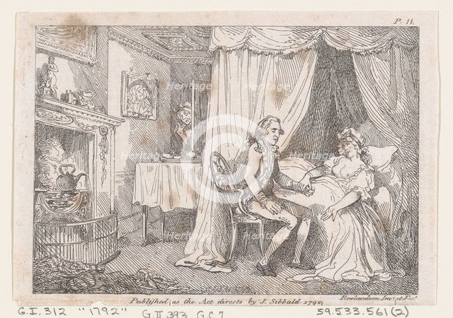Lady Booby attempts to seduce the immaculate Joseph, from "The Adventures of Joseph Andrew..., 1792. Creator: Thomas Rowlandson.