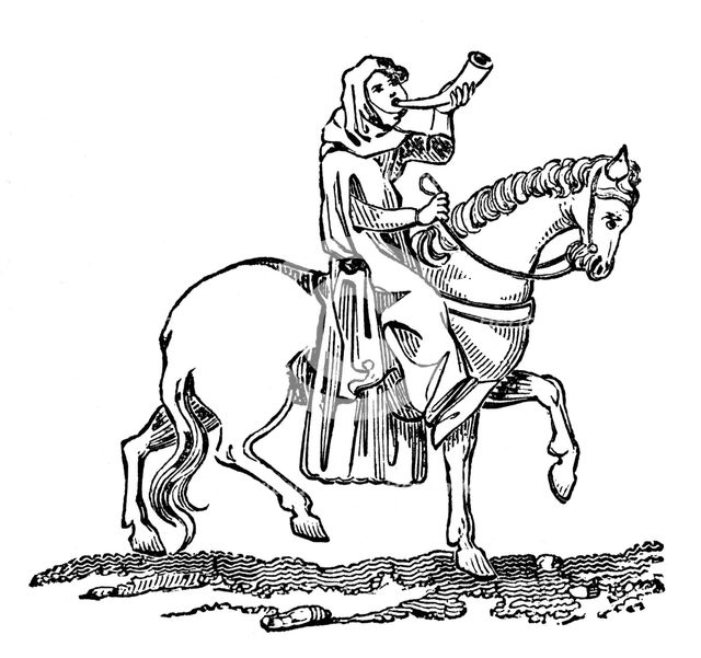 Lady blowing a hunting horn, 14th century, (1833). Artist: Unknown