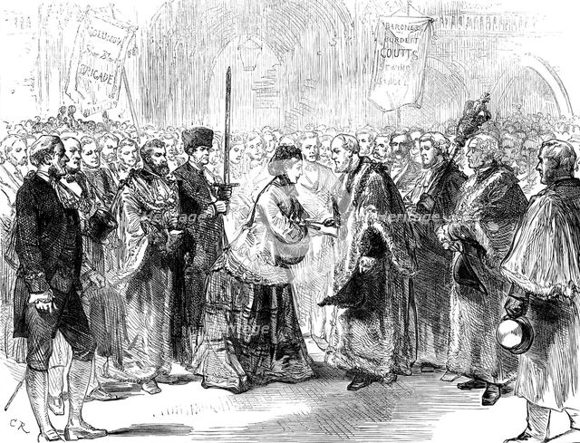 Lady Burdett-Coutts delivering Columbia Market to the Lord Mayor, 1871. Creator: Unknown.