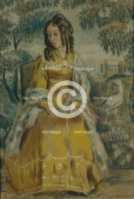 Lady by Tapestry. Portrait of Nadezhda Stanyukovich, 1903. Artist: Borisov-Musatov, Viktor Elpidiforovich (1870-1905)
