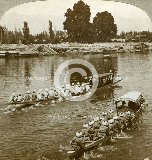 Lady Curzxon travelling on the state barge of the Maharaja, Kashmir, India, c1900s(?).Artist: Underwood & Underwood