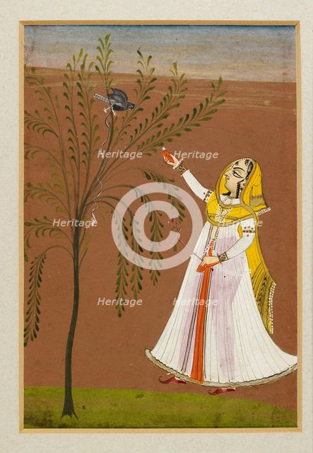 Lady feeding a bird in a tree, 19th century. Artist: Unknown.