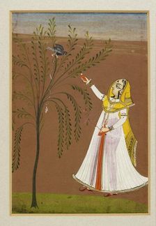 Lady feeding a bird in a tree, 19th century