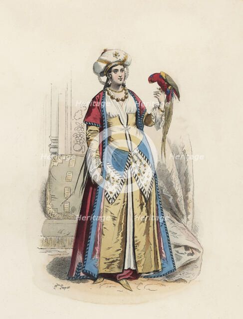 Lady from Cairo, color engraving 1870.