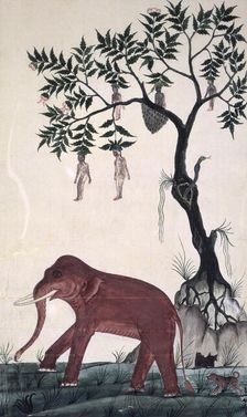 Lady fruits & elephant. c.1824. Creator: Bun Khong