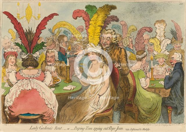 Lady Godina's Rout;-or-Peeping-Tom Spying out Pope-Joan, 1796. Creator: James Gillray (British, 1757-1815); Hannah Humphrey.