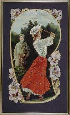 Lady golfer playing a shot, watched by her caddy, c1910. Creator: Unknown
