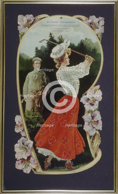 Lady golfer playing a shot, watched by her caddy, c1910. Artist: Unknown