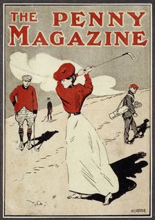 Lady golfer taking a swing on the cover of The Penny Magazine c1900. Creator: Unknown
