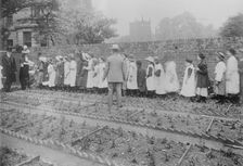 Lady Henry and T.P. O'Connor distribute cabbages, 1913. Creator: Bain News Service