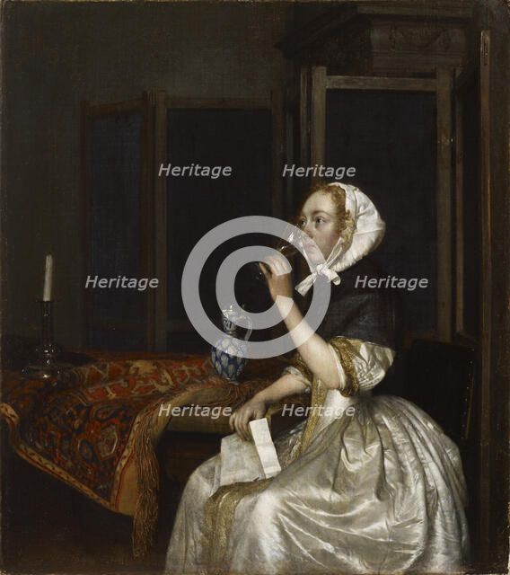 Lady Holding a Wine Glass, ca 1665. Creator: Ter Borch, Gerard, the Younger (1617-1681).