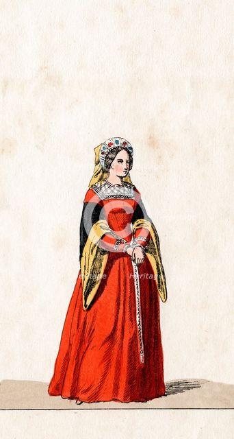 Lady-in-waiting, costume design for Shakespeare's play, Henry VIII, 19th century. Artist: Unknown