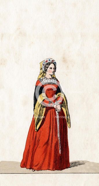 Lady-in-waiting, costume design for Shakespeare's play, Henry VIII, 19th century. Artist: Unknown