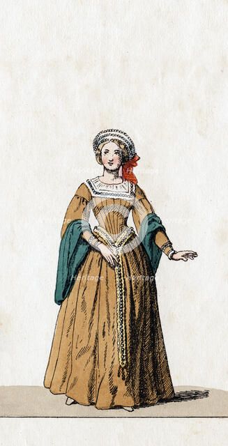 Lady-in-waiting, costume design for Shakespeare's play, Henry VIII, 19th century. Artist: Unknown