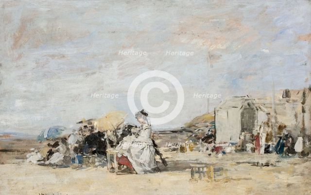 Lady in white on the beach at Trouville. Artist: Boudin, Eugène-Louis (1824-1898)