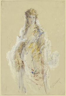 Lady in a flower-trimmed ball gown. Creator: Jules Lunteschütz