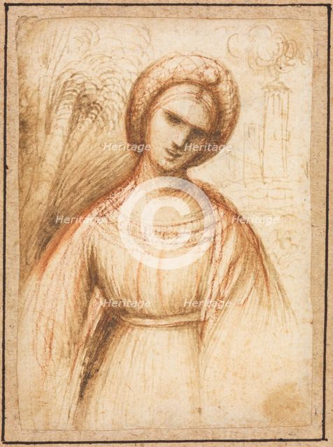Lady in a Landscape (recto); Bust-Length Profile of an Old Woman (verso), c. 1521. Creator: Dosso Dossi (Italian, c. 1490-aft 1541), possibly by.