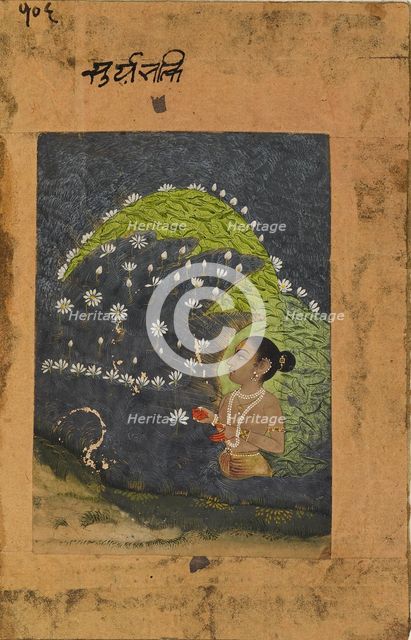 Lady in a lotus lake worshipping the sun, early 18th century. Artist: Unknown.