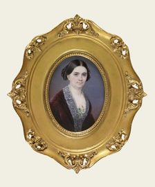 Lady in a red dress, c1850. Creator: Anne Hall