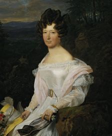 Lady in a white dress in front of a Vienna Woods landscape, 1829. Creator: Ferdinand Georg Waldmuller
