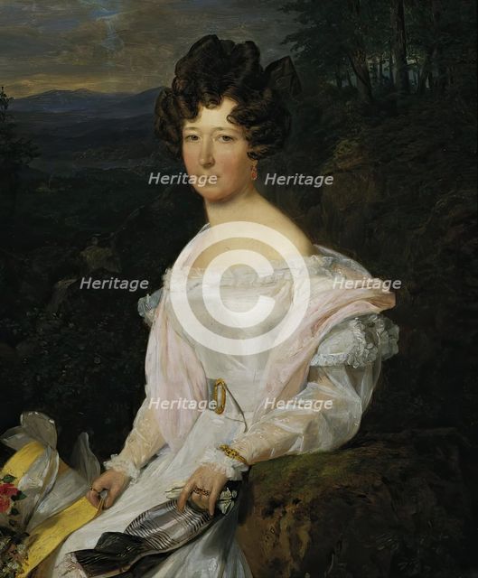 Lady in a white dress in front of a Vienna Woods landscape, 1829. Creator: Ferdinand Georg Waldmuller.