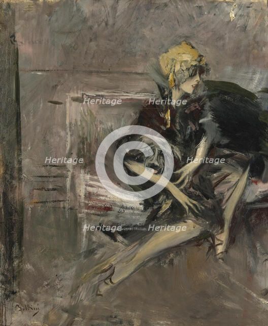 Lady In A Yellow Hat With Her Dog (Marchesa Casati). Artist: Boldini, Giovanni (1842-1931)