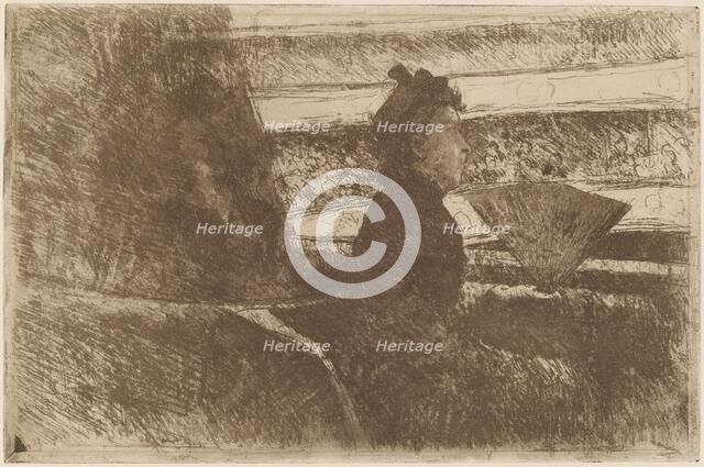 Lady in Black, in a Loge, Facing Right, c. 1880. Creator: Mary Cassatt.