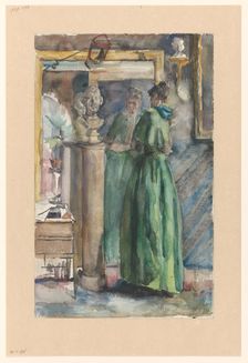 Lady in green dress standing in front of a mirror, 1874-1918. Creator: Martinus van Andringa