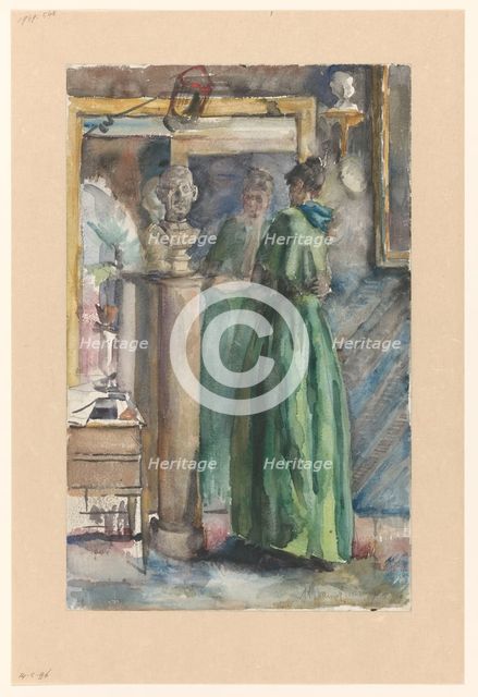 Lady in green dress standing in front of a mirror, 1874-1918. Creator: Martinus van Andringa.