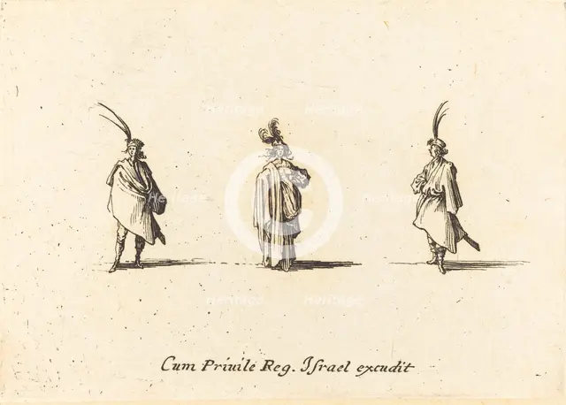 Lady in Long Cloak, and Two Gentlemen, probably 1634. Creator: Jacques Callot.