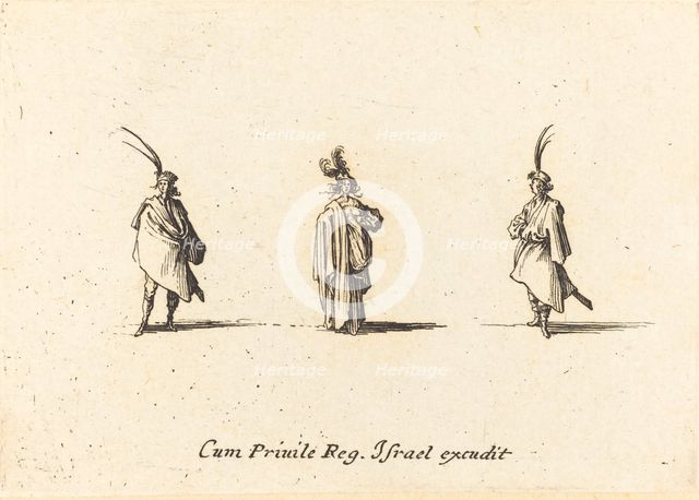 Lady in Long Cloak, and Two Gentlemen, probably 1634. Creator: Jacques Callot.