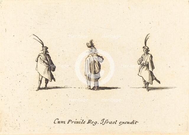 Lady in Long Cloak, and Two Gentlemen, probably 1634. Creator: Jacques Callot.