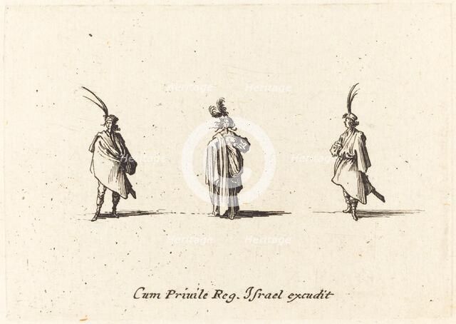 Lady in Long Cloak, and Two Gentlemen, probably 1634. Creator: Jacques Callot.