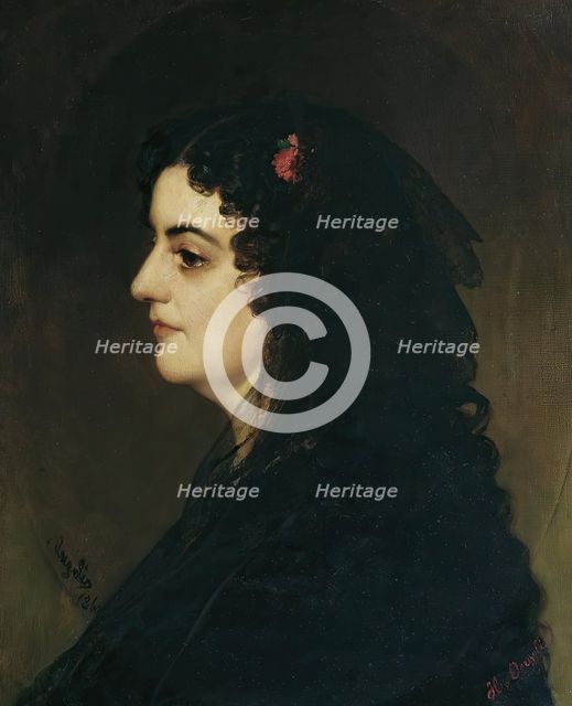 Lady in profile with veil and carnation, 1860. Creator: Heinrich von Angeli.