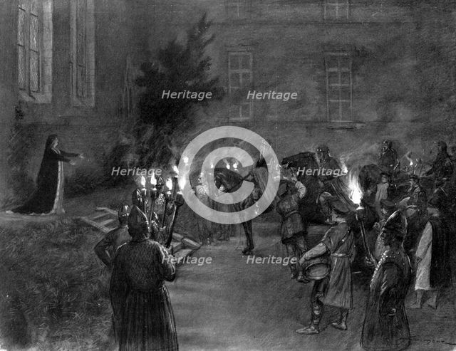 Lady Macbeth welcomes King Duncan at the gates of Macbeth's castle, 1909. Artist: J Simont