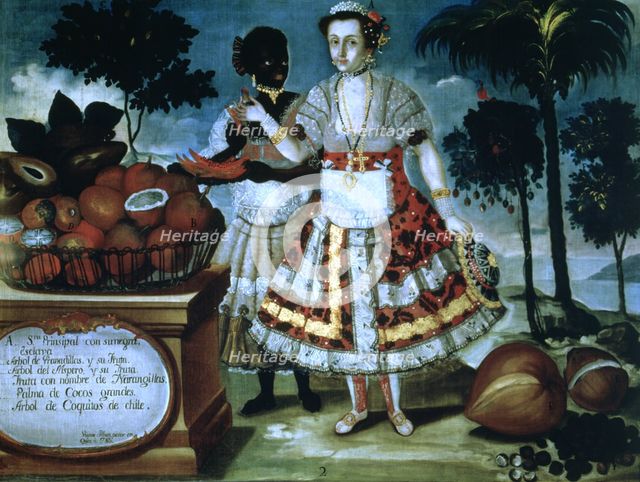 Lady master with her ??slave , oil painting by Vicente Albán, 1783.