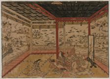 Lady Murasaki at Ishiyama Overlooking a Panorama with Seven Views of Lake Biwa, 1740s. Creator: Okumura Masanobu (Japanese, 1686-1764)