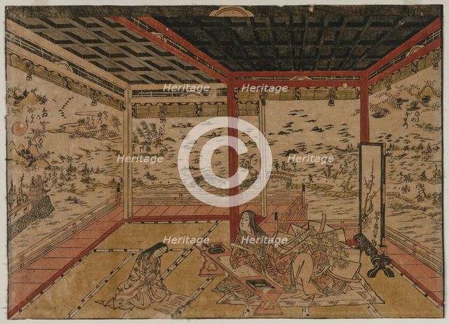 Lady Murasaki at Ishiyama Overlooking a Panorama with Seven Views of Lake Biwa, 1740s. Creator: Okumura Masanobu (Japanese, 1686-1764).
