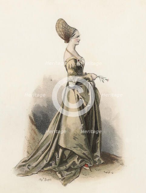 Lady of Nuremberg, in the Modern age, color engraving 1870.