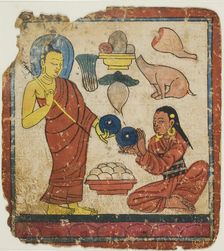 Lady Offering Food to a Monk, From a Set of Initiation Cards (Tsakali), 14th/15th century. Creator: Unknown