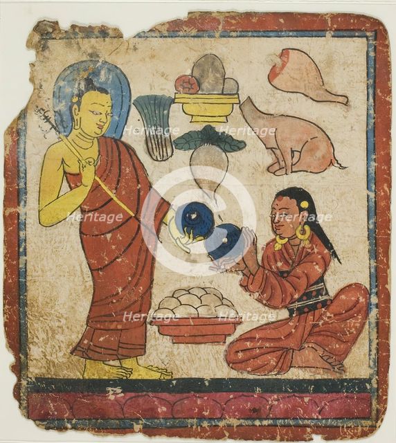 Lady Offering Food to a Monk, From a Set of Initiation Cards (Tsakali), 14th/15th century. Creator: Unknown.