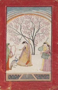 Lady on terrace with tree branch, peacock, maid, and two musicians, late 18th-early 19th century