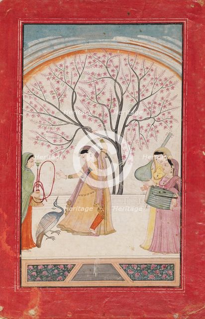 Lady on terrace with tree branch, peacock, maid, and two musicians, late 18th-early 19th century Artist: Unknown.