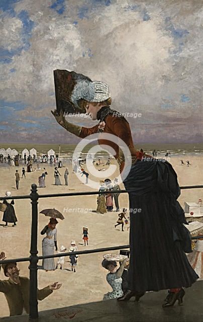 Lady on the walkway of a seaside resort, 1883.