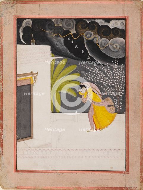 Lady on a terrace seeking shelter from the rains, early 19th century. Artist: Unknown.