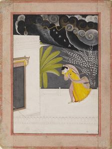 Lady on a terrace seeking shelter from the rains, early 19th century
